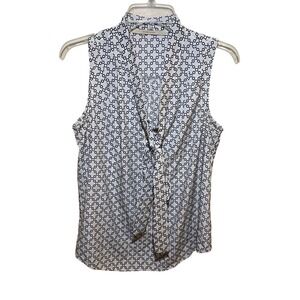 41 Hawthorn Sleeveless Tie Neck Blouse Navy White Chain Link Print Medium